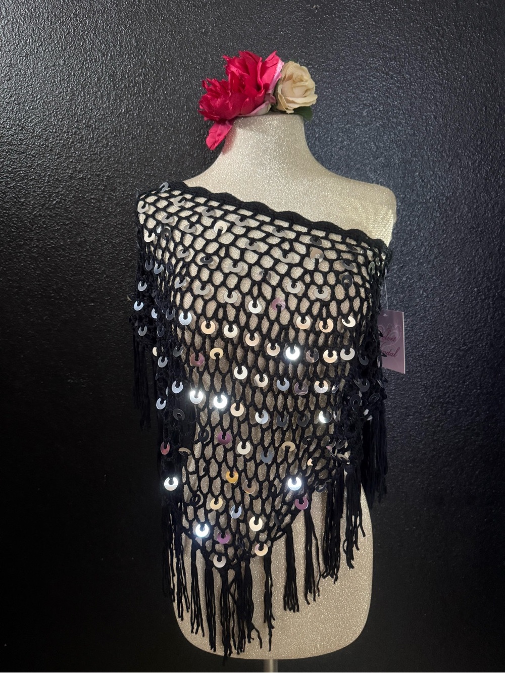 Velvet Black Sequin Crochet Fringe Shawl